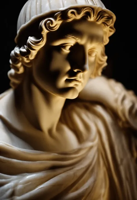 A close-up of a marble sculpture of estatuas Filosofo antigo , illuminated by a single spotlight against a black background.