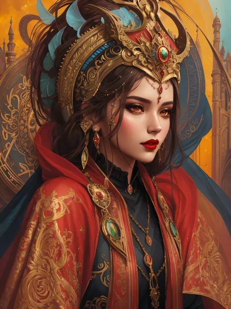 a close up of a woman (Jesica Alba :1.1) red lips, green eyes, wearing a red and gold headdress, a beautiful fantasy empress, artgerm detailed, beautiful fantasy art portrait, beautiful character painting, stunning digital illustration, ((a beautiful fanta...