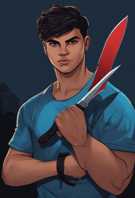 Jovem adolescente, com cabelos pretos, Wearing a blue t-shirt and with two knives in his hands. The illustration is in high definition in 4k resolution, com recursos faciais altamente detalhados e visuais em estilo cartoon