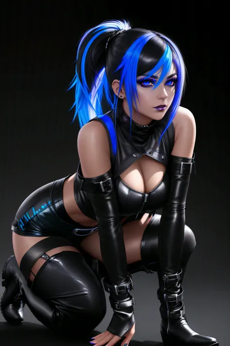 beautiful girl, full body, short bright blue neon streaked dishevelled hair, ((large light realistic detailed eyes:1.3)), ((seductive pose:0.5)), black eyeshadow, (street style wear:1.2), ((tight fitted short pants)), ((thigh high leather boots:1.3)), (dar...