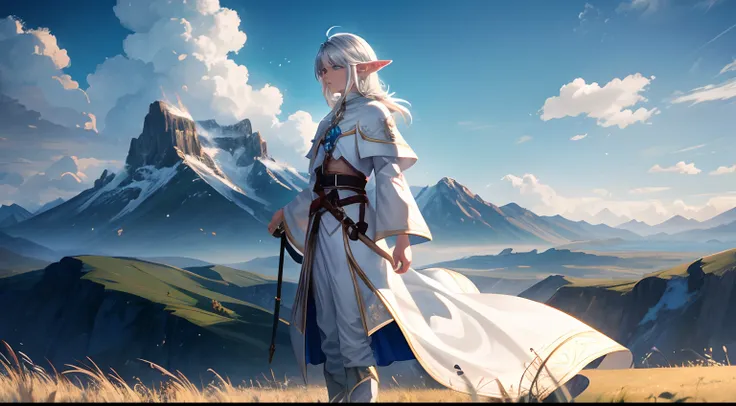 male, elf, medium silver hair, young adult, white mage, alone, grass fields, horizon mountains, facing camera