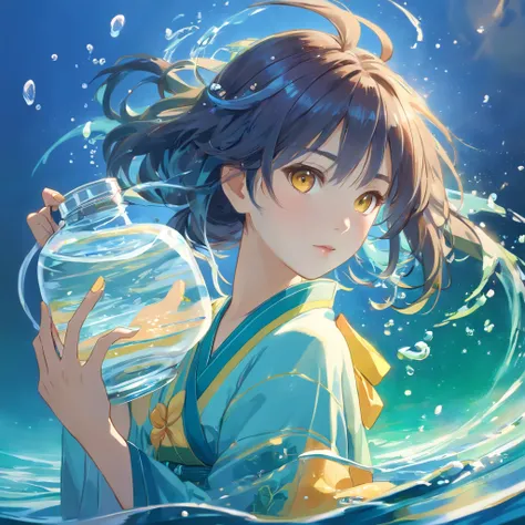 best quality, intricate details, highres,(beautiful detailed water:1.4),(hanfu, tang style),yellow eyes,(1girl in glass jar:1.1),