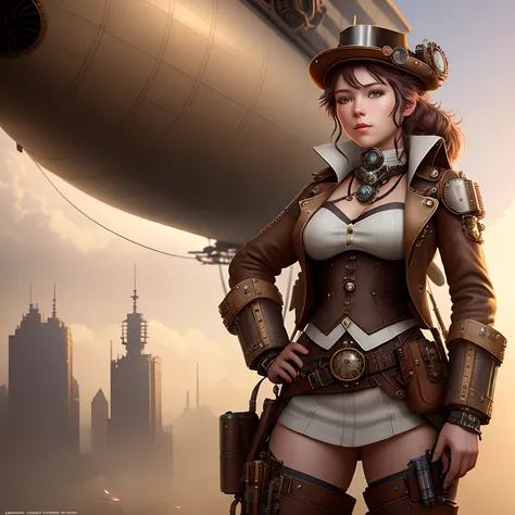 Steampunk girl|, with a pistol on her hip. riding in an airship over a great expanse Detailed face| Steampunk| Cyberpunk| Cyborg| Complex details| at scale| Hyperrealistic| Film Lighting| Digital Art| Concept Art