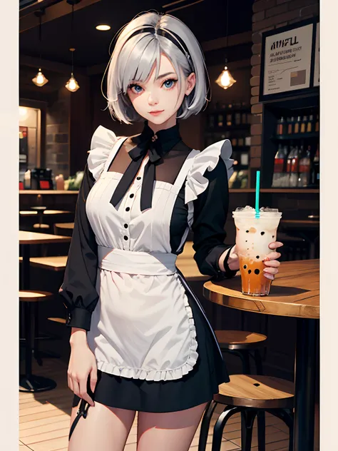 (ultra-realistic, highres, best quality, 4k, professional, cowboy shot), an illustration in Full HD that showcases a 21-year-old girls cool style, beauty eyes, sharp eyes. Her Asymmetric Pixie hairstyle, silver hair, short hair, and left-facing bangs with ...