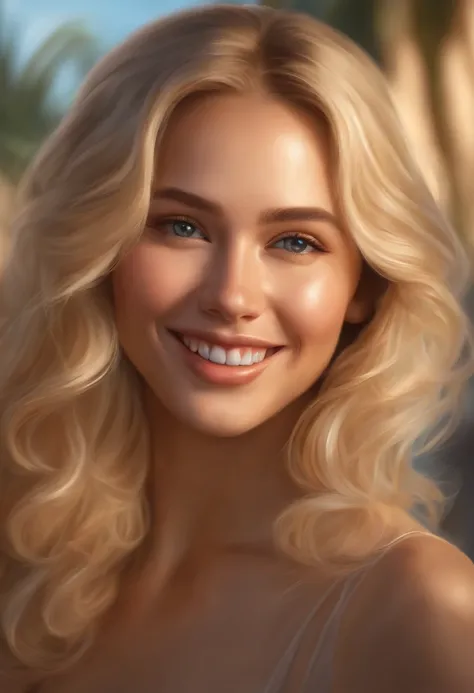 close-up head, facing camera, realistic digital painting portrait of a young woman, cute smile, wavy blonde hair, very detailed skin, global illumination, art by hoang lap and fuji hoko and artgerm and greg rutkowski and viktoria gavrilenko