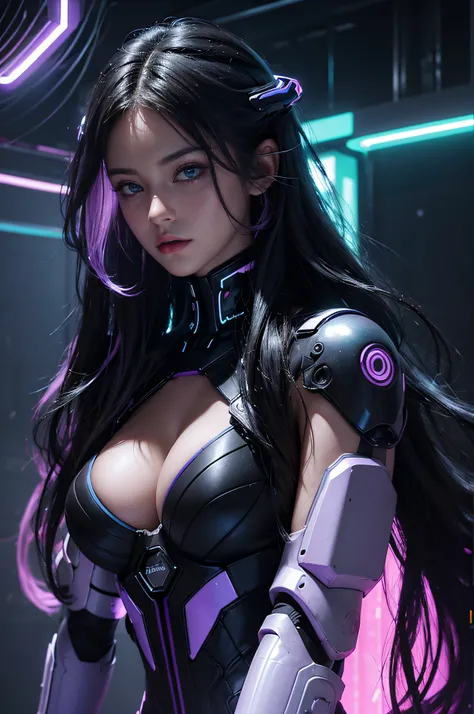 (black long wavy hair with blue and purple neon lighting:1.2),(close-up photo:1.2) Best image quality, Masterpiece, Ultra-high resolution, (Fidelity:1.4), ((cyber punk personage)), Mila Kunis, deep cleavage, large breasts,  cyber outfit, Futuristic, ((Awar...