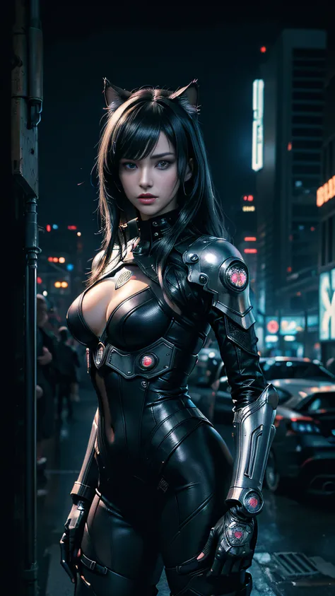 Beautiful full body shot of Reika as a Nekomata catgirl, cyberpunk armor, straight fringe cut black hair, cat ears, science fiction, cyberpunk city in the background, gantz, In the Style of Cyberpunk 2077, Ultra realistic photo face of a beautiful woman, m...