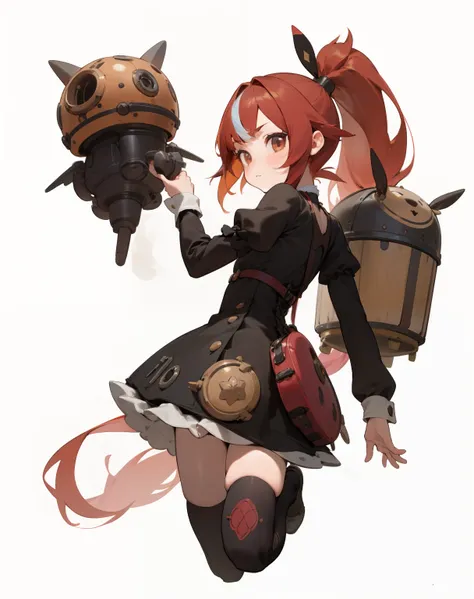 1GIRL, one girl, cute girl, finely detailed, (best quality), (intricate details), cute style, loli, robot pokémon trainer, steampunk style, multicolored, ((long red hair in long ponytail)), best quality, ((short puffy long sleeve dress)), ((black dress)), ...