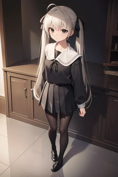 sorakasugano, sora kasugano, ahoge, (black eyes:1.5), hair between eyes, hair ribbon, long hair, twintails, black ribbon, white hair, (flat chest:1.2), BREAK black footwear, black pantyhose, grey ribbon, grey skirt, loafers, long sleeves, miniskirt, pantyh...