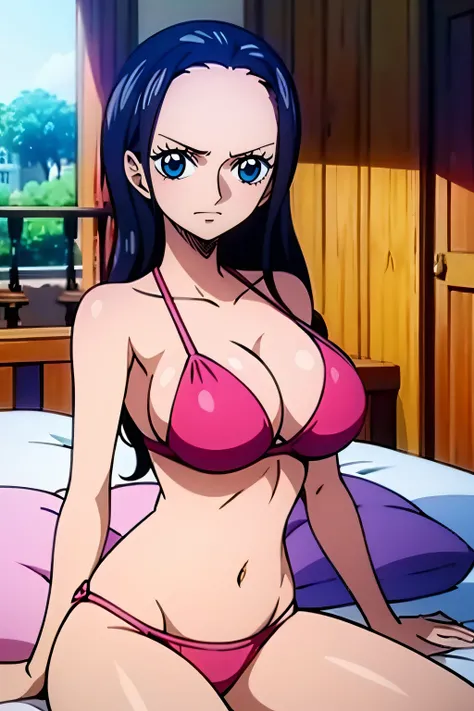 Robin de One Piece, Pose sexy, Y si , Elly, Premios rojo, 8k, anime, ribera, Gran Theta, grande, Se ve sexy perfecta calidad ojos ojos azules, Bikini rosa, Bikini rosa, cama, Casa, Noche