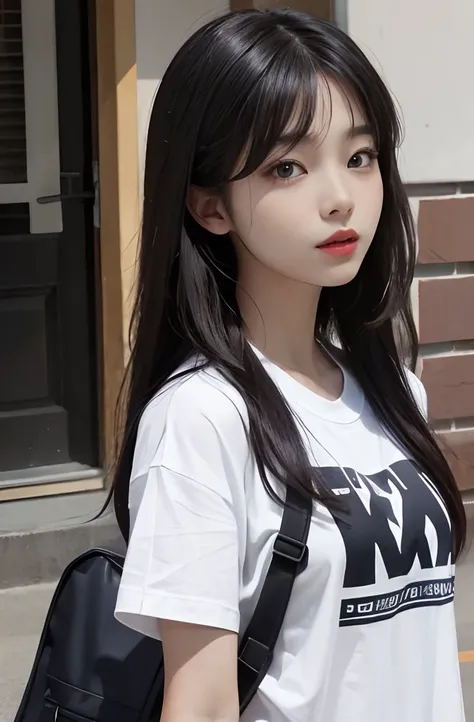 a Korean girl,Casual College Girl,T-shirt,Long beautiful black hair