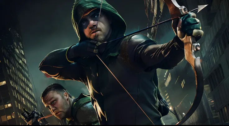 A realistic image of a little fat Green Arrow, aiming with his bow and arrow