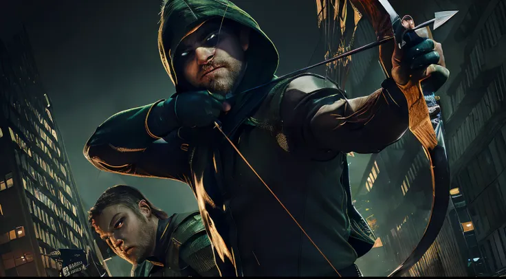 A realistic image of a little fat Green Arrow, aiming with his bow and arrow