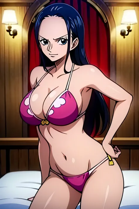 Robin de One Piece, pose sexy, Y si , Elly, Sari rojo, 8k, anime, ribera, teta grande, grande, Se ve sexy perfecta calidad ojos ojos azules, bikini rosa, pink bikini, bed, house, night