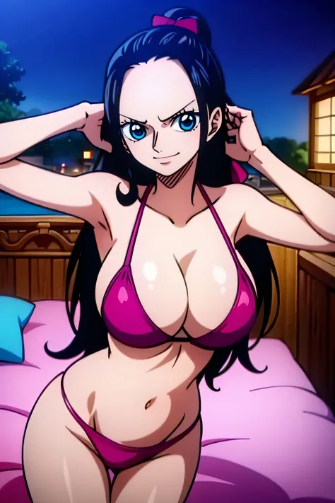 Robin de One Piece, Pose sexy, Y si , Elly, Premios rojo, 8k, anime, ribera, Gran Theta, grande, Se ve sexy perfecta calidad ojos ojos azules, Bikini rosa, Bikini rosa, cama, Casa, Noche, ojos azules,