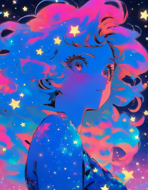 Copperplate engraving、Color rough、Transparency、Anime girl in a starry sky pattern dress、flat-colors、Kitschy aesthetics、Details that seem to disappear when you blink、White background