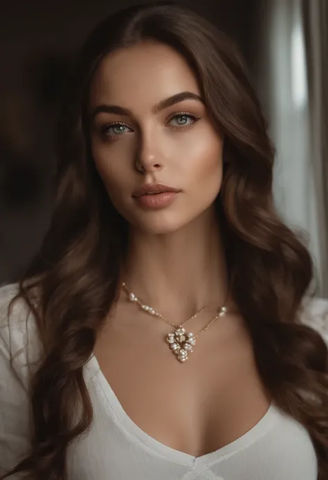 arafed woman with a necklace, sexy girl with green eyes, portrait sophie mudd, brown hair and large eyes, selfie of a young woman, bedroom eyes, violet myers, without makeup, natural makeup, looking directly at the camera, face with artgram, subtle makeup,...