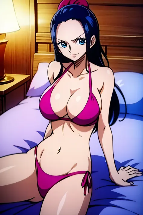 Robin de One Piece, Pose sexy, Y si , Elly, Premios rojo, 8k, anime, ribera, Gran Theta, grande, Se ve sexy perfecta calidad ojos ojos azules, Bikini rosa, Bikini rosa, cama, Casa, Noche