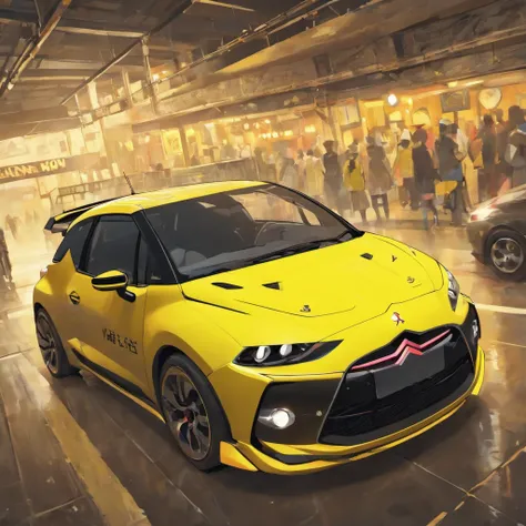 Citroen DS3 amarelo, body-kit de rally, rodas Volk TE37 na cor preta, Modern SI-FY Scenery, cores no estilo cyberpunk.