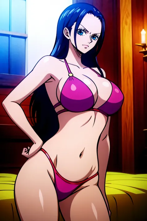 Robin de One Piece, Pose sexy, Y si , Elly, Premios rojo, 8k, anime, ribera, Gran Theta, grande, Se ve sexy perfecta calidad ojos ojos azules, Bikini rosa, Bikini rosa, cama, Casa, Noche, ojos azules, Axilas