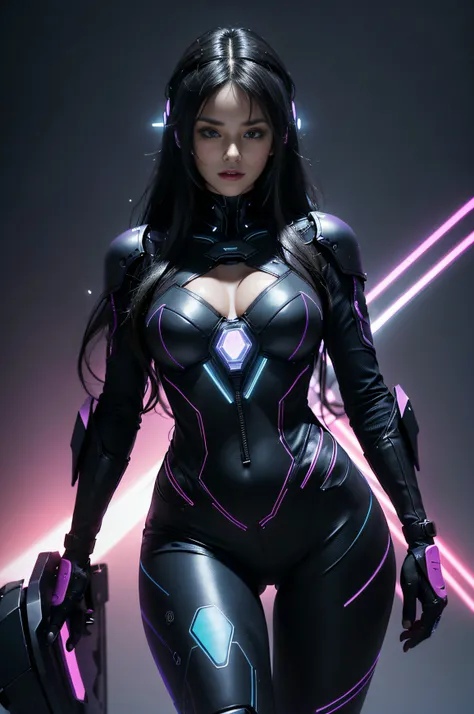 (black long wavy hair with blue and purple neon lighting:1.2),(close-up photo:1.2) Best image quality, Masterpiece, Ultra-high resolution, (Fidelity:1.4), ((cyber punk personage)), Mila Kunis, deep cleavage, large breasts,  cyber outfit, Futuristic, ((Awar...