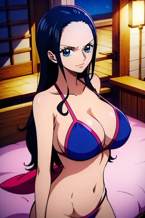 Robin de One Piece, Pose sexy, Y si , Elly, Premios rojo, 8k, anime, ribera, Gran Theta, grande, Se ve sexy perfecta calidad ojos ojos azules, Bikini rosa, Bikini rosa, cama, Casa, Noche, ojos azules,