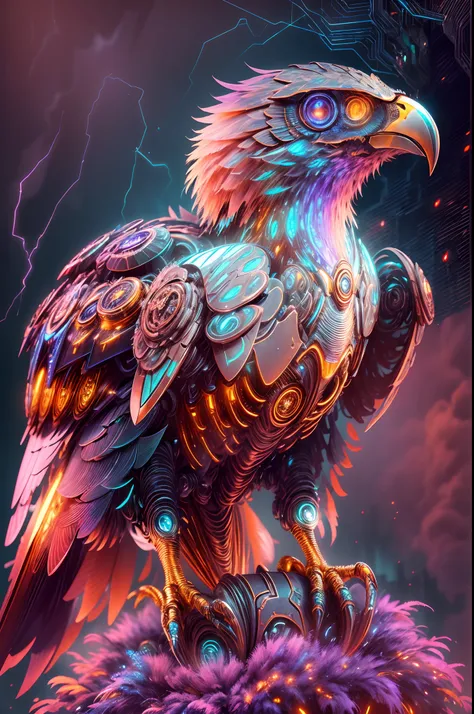 (Best quality, 8K,A high resolution,Masterpiece:1.2),Ultra-detailed),Futuristic robot owl,full bodyesbian,colorful neon,High-tech mechanical parts,Metal claws and wings,Metal heads and pecks,Metal feathers,Extremely cool,Metal legs,Bionic eye,Detailed feat...