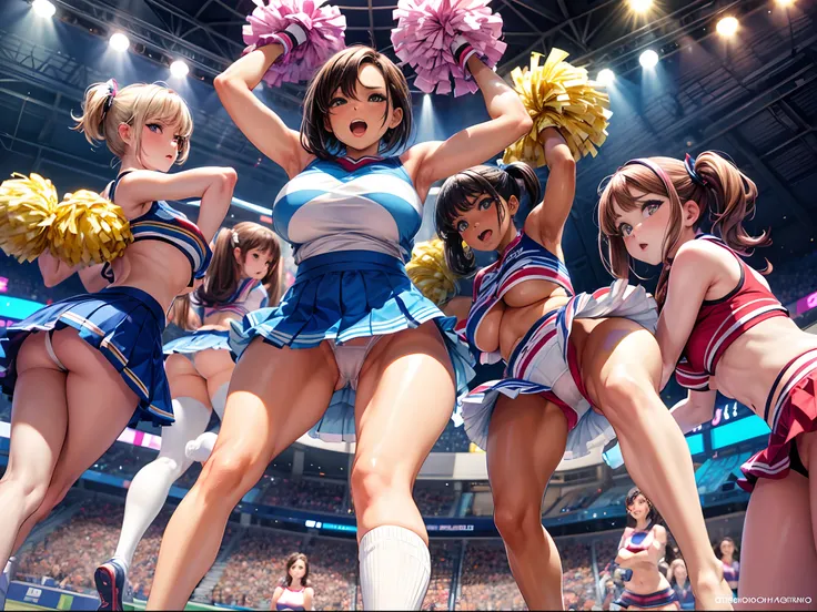 a group of large breasted cheerleaders are bending over revealing their white panties to the crowd