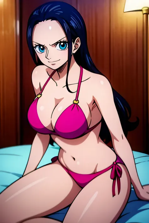 Robin de One Piece, Pose sexy, Y si , Elly, Premios rojo, 8k, anime, ribera, Gran Theta, grande, Se ve sexy perfecta calidad ojos ojos azules, Bikini rosa, Bikini rosa, cama, Casa, Noche, ojos azules,