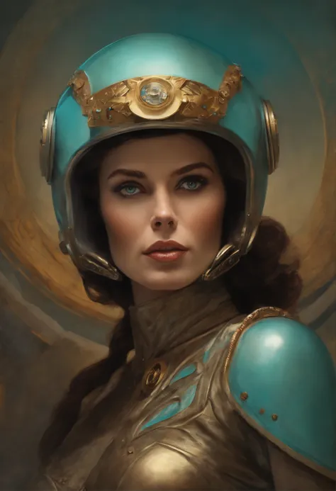 Close up portrait of woman wearing helmet and SCI - Fiore, Boris Vallejo and Tom Bagshaw, Prophet Graphic Novel, Space artifacts, Inspired by Earl Nolem, Deep Dream, awarded on cgsociety, A bit like Amy Adams, Golden Turquoise Steampunk, 2070 AD