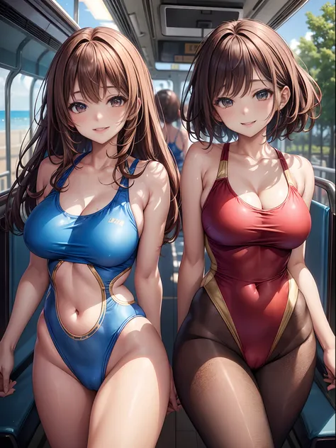 top-quality、Full limbs、complete fingers、Many women wear competition swimsuits、Beautiful Large Breasts、Brown-haired woman、straight haired、Woman with waist-length hair、Woman in blue and red competitive swimsuit、Brown pantyhose、in the bus、A big smile、Naughty ...