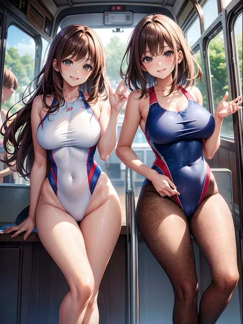 top-quality、Full limbs、complete fingers、Many women wear competition swimsuits、Beautiful Large Breasts、Brown-haired woman、straight haired、Woman with waist-length hair、Woman in blue and red competitive swimsuit、Brown pantyhose、in the bus、A big smile、Naughty ...