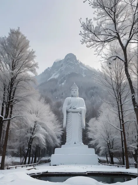 A vast world，A gray-white facial features are straight，A large Buddha statue with a kind face stands in the distance，The narrow mountain path is lined with large trees that reach the sky，On the trees is a rima，The branches and leaves are covered with snow，...