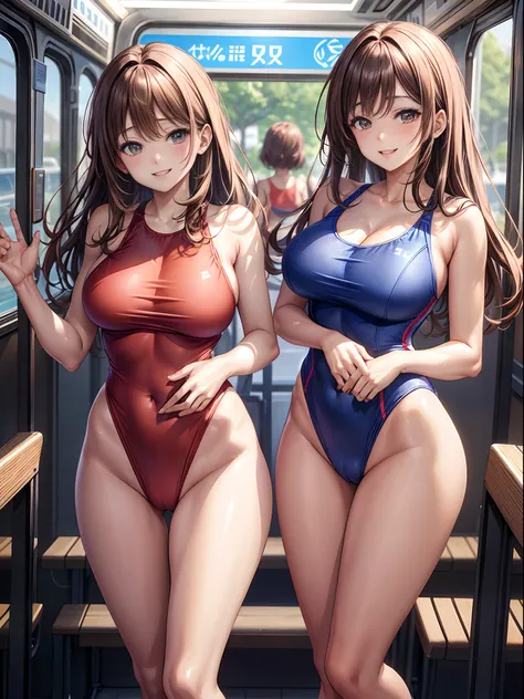 top-quality、Full limbs、complete fingers、Many women wear competition swimsuits、Beautiful Large Breasts、Brown-haired woman、straight haired、Woman with waist-length hair、Woman in blue and red competitive swimsuit、Brown pantyhose、in the bus、A big smile、Naughty ...