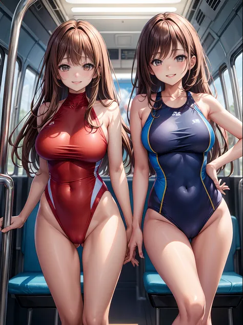 top-quality、Full limbs、complete fingers、Many women are wearing competitive swimsuits、Beautiful Large Breasts、Brown-haired woman、straight haired、Woman with waist-length hair、Woman in blue and red competitive swimsuit、Brown pantyhose、in the bus、A big smile、N...