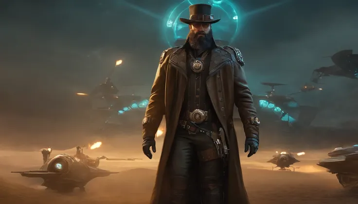 Theres a man with a beard and hat with a machine, Cyber Steampunk 8 K 3D, Velho cyberpunk, Papel de parede solarpunk 4k, Arte digital altamente detalhada em 4k, cyber steampunk, soldado futurista, cyber space cowboy, epic scifi character art, sci - persona...