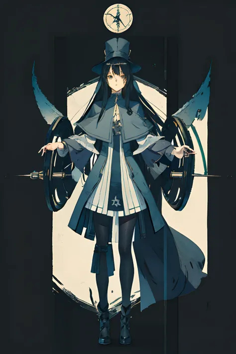 Pointed Hat Atelier, 1girl, Black long hair, Ink Wheel, full body, character design, 3 side character