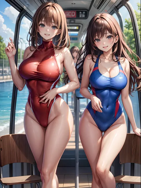 top-quality、Full limbs、complete fingers、There are many women in competitive swimsuits、Beautiful Large Breasts、Brown-haired woman、straight haired、Woman with waist-length hair、Woman in blue and red competitive swimsuit、Brown pantyhose、On the bus、A big smile、...