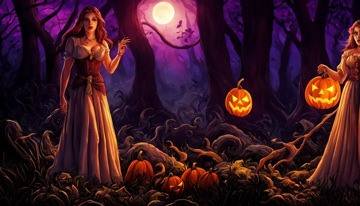 "(melhor qualidade, Altas, ultra-detalhado), The goddess of Halloween casting glowing mystical spells in a haunted forest, tons de laranja e roxo, Retratos, vivid colors, extreme detail description, foco nítido, Physically-based rendering, studio lighting,...