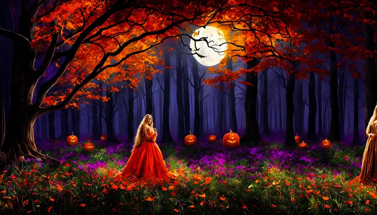 "(melhor qualidade, Altas, ultra-detalhado), The goddess of Halloween casting glowing mystical spells in a haunted forest, tons de laranja e roxo, Retratos, vivid colors, extreme detail description, foco nítido, Physically-based rendering, studio lighting,...