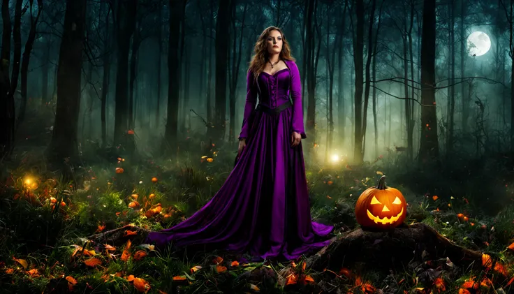 "(melhor qualidade, Altas, ultra-detalhado), The goddess of Halloween casting glowing mystical spells in a haunted forest, tons de laranja e roxo, Retratos, vivid colors, extreme detail description, foco nítido, Physically-based rendering, studio lighting,...