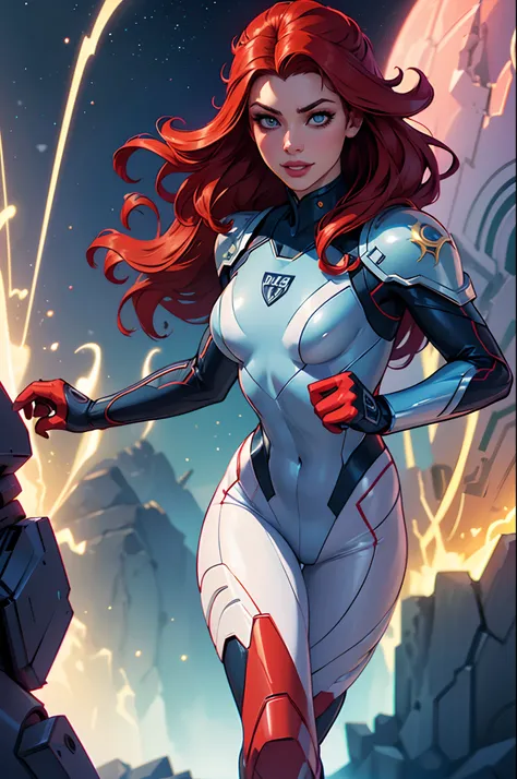 Highly detailed RAW color photo, little mermaid, long red wavy hair, space ranger cyber neon costume, large helmet, dynamic running pose, smile at you, (detailed skin), (detailed lips), (detailed eyes), (cosmic: 1.4), (necropolis: 1.1), (detailed face), (a...