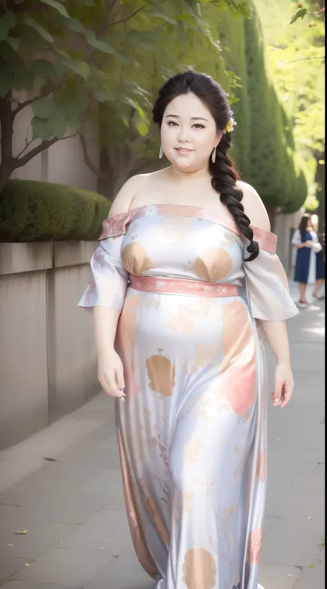 A fat woman with long flowing hair，Wearing printed jacquard florals Mo, Soft plush turtleneck off-the-shoulder dress, Exposing thighs, Standing in the park, The sun is warm, The scenery is beautiful, And very atmospheric