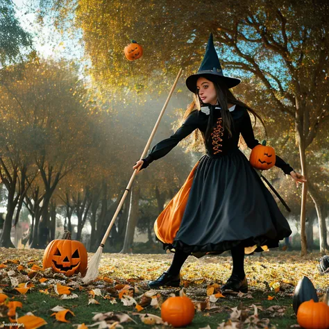 2d Halloween witch flying on broom stick, Preteen Gothic Fairy Mila Kunis. fundo escuro assustador, esqueletos andando, Trees without leaves, atmosfera assustadora, Halloween pumpkins, dia das bruxas, assombrado