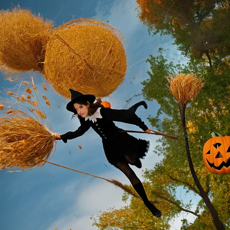 2d Halloween witch flying on broom stick, Preteen Gothic Fairy Mila Kunis. fundo escuro assustador, esqueletos andando, Trees without leaves, atmosfera assustadora, Halloween pumpkins, dia das bruxas, assombrado