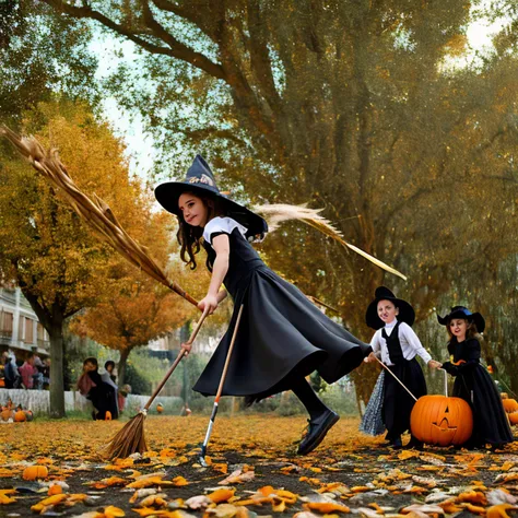 2d Halloween witch flying on broom stick, Preteen Gothic Fairy Mila Kunis. fundo escuro assustador, esqueletos andando, Trees without leaves, atmosfera assustadora, Halloween pumpkins, dia das bruxas, assombrado