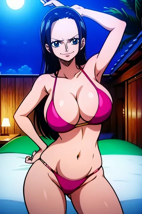 Robin de One Piece, Pose sexy, Y si , Elly, Premios rojo, 8k, anime, ribera, Gran Theta, grande, Se ve sexy perfecta calidad ojos ojos azules, Bikini rosa, Bikini rosa, cama, Casa, Noche