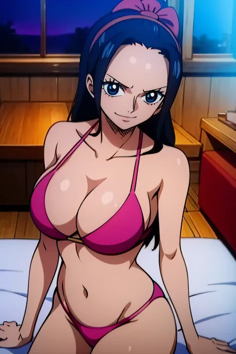 Robin de One Piece, Pose sexy, Y si , Elly, Premios rojo, 8k, anime, ribera, Gran Theta, grande, Se ve sexy perfecta calidad ojos ojos azules, Bikini rosa, Bikini rosa, cama, Casa, Noche