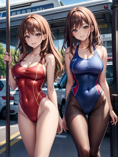 top-quality、Full limbs、complete fingers、Many women wear competition swimsuits、Beautiful Large Breasts、Brown-haired woman、straight haired、Woman with waist-length hair、Woman in blue and red competitive swimsuit、Brown pantyhose、in the bus、A big smile、Naughty ...