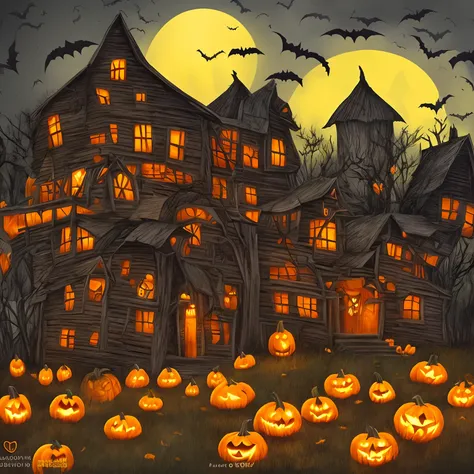 imaginar/illustration for book, fun, Spooky Halloween scene with pumpkins and bats and a barn for fun, inspirado em desenhos animados, linhas grossas, baixo detalhe, vivid color.